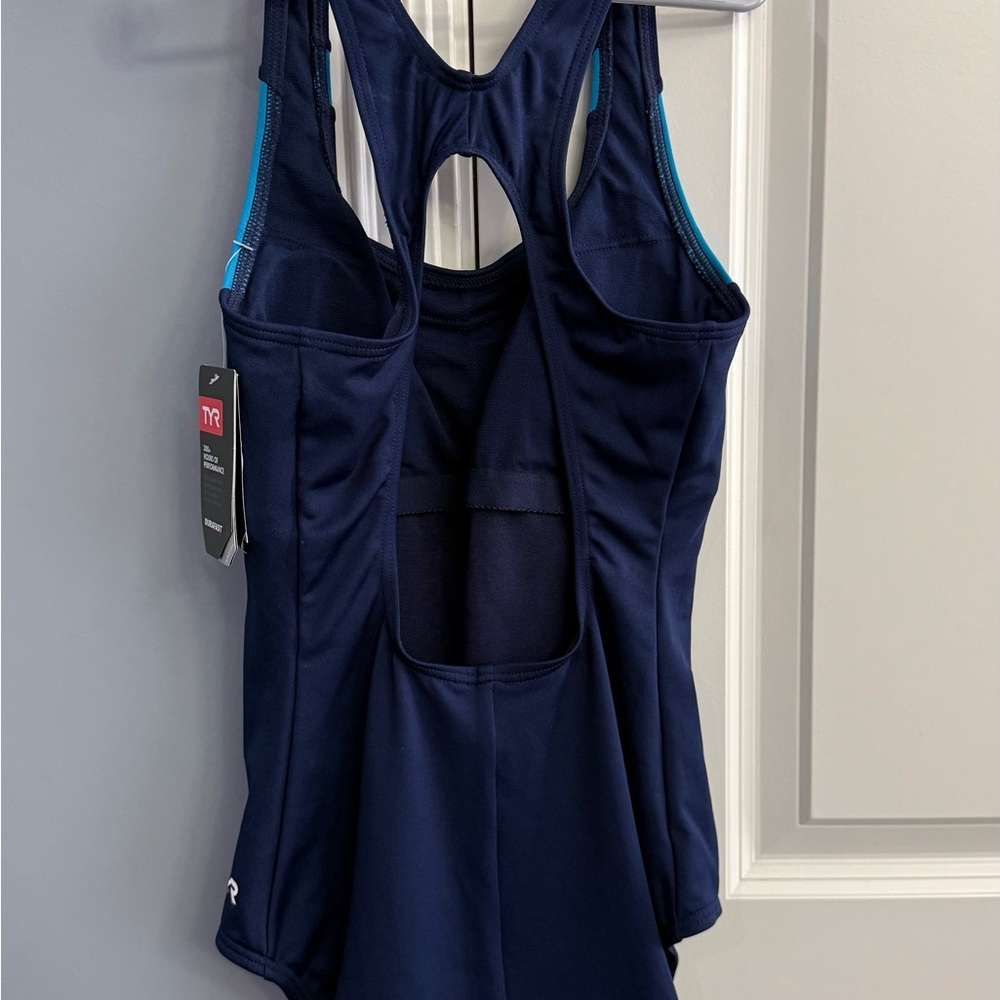 TYR Navy and Teal Racerback Performance One-Piece - Picture 2 of 3